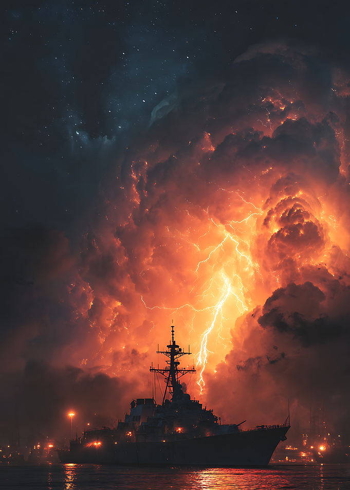 Warship Under Dramatic Stormy Sky