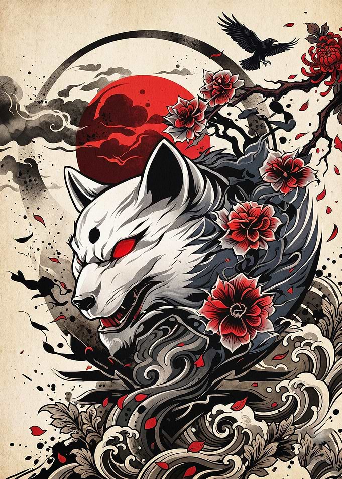 Japanese Wolf Red Moon Art Poster