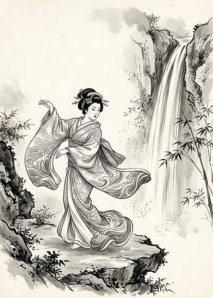 Geisha Dancing by a Waterfall