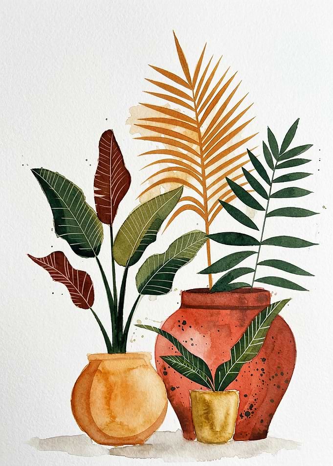 Watercolor Potted Tropical Plants Illustration