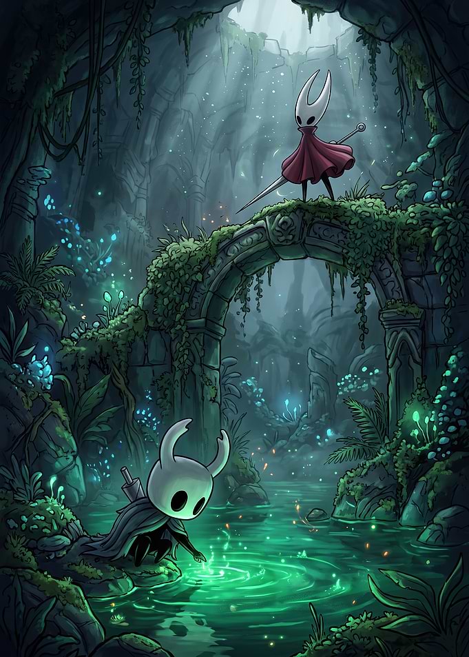 Hollow Knight and Hornet in Greenpath