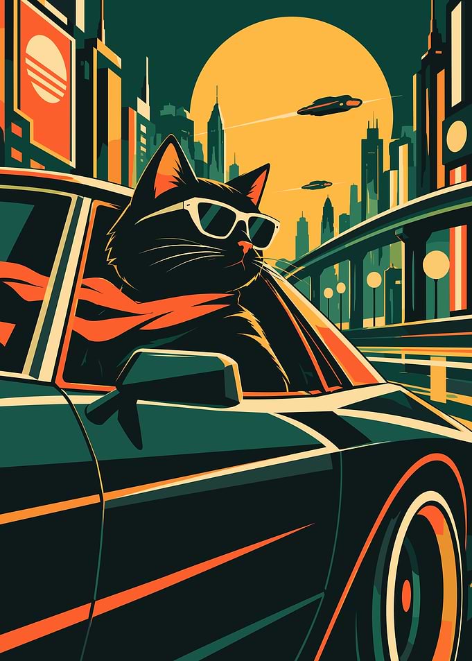 Cool Cat Driving Retro Futuristic Car