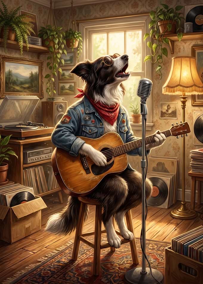 Border Collie Musician Playing Guitar