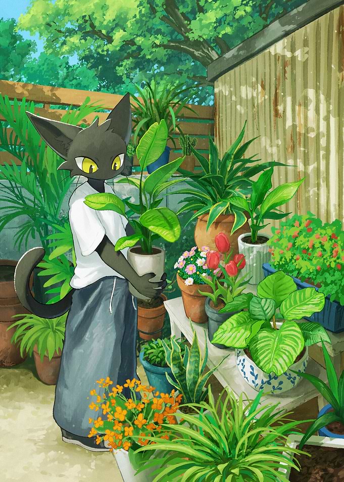 Anthropomorphic Cat Gardening in Sunlight
