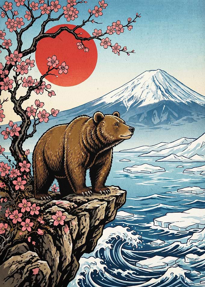 Grizzly Bear Mount Fuji Japan Art
