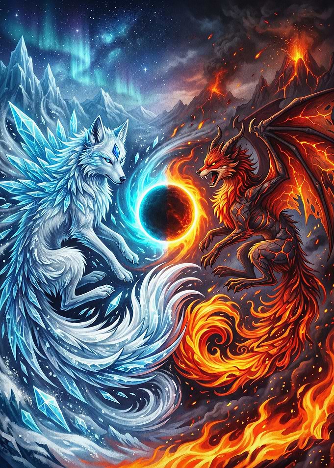 Fire And Ice Wolf Dragon Fantasy