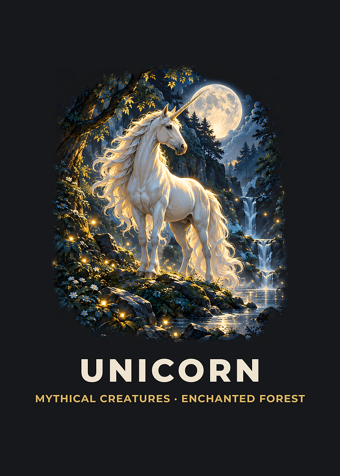 White Unicorn Moonlit Forest Fantasy Art Print