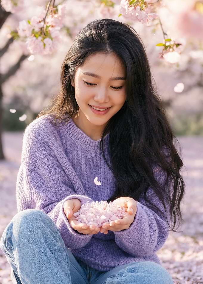 Young Woman Holding Cherry Blossom Petals