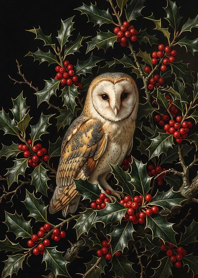 Barn Owl Perched in Holly Branches