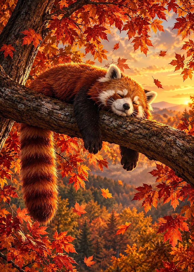 Red Panda Sleeping in Autumn Tree