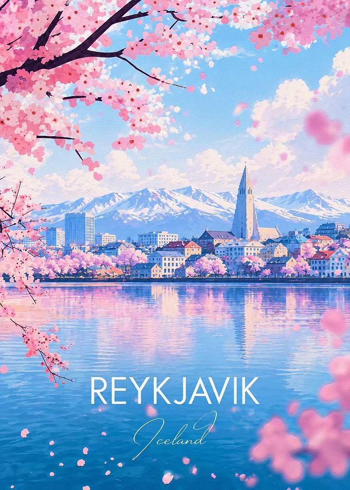 Reykjavik Iceland Cherry Blossom Travel Poster