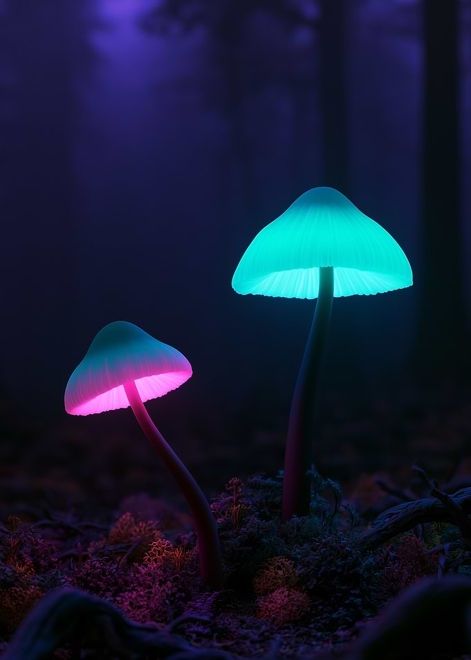Glowing Bioluminescent Mushrooms in Forest