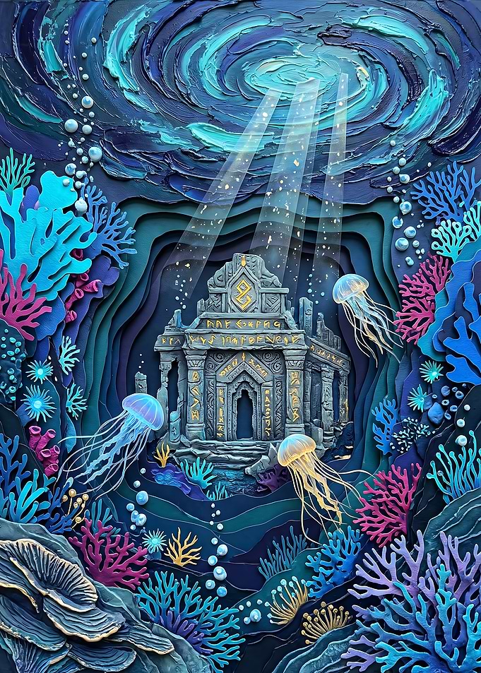 3D Paper Cut Underwater Temple Atlantis Light Rays