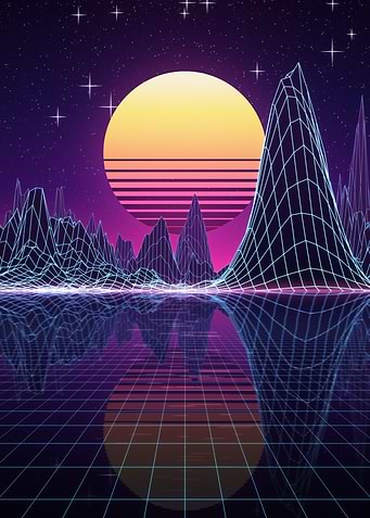 Wireframe Mountains Synthwave Sunset Reflection
