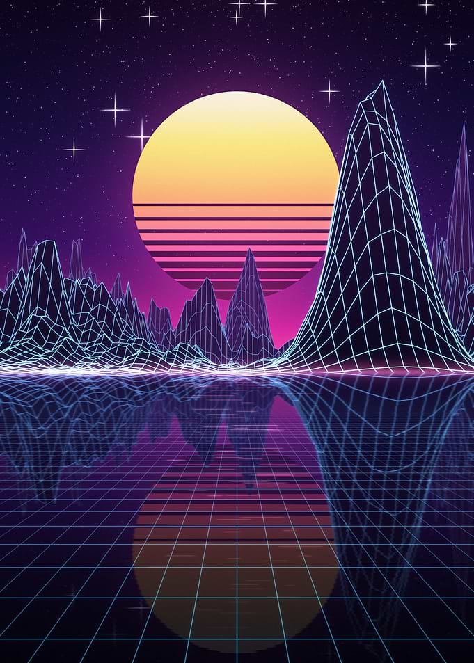 Wireframe Mountains Synthwave Sunset Reflection