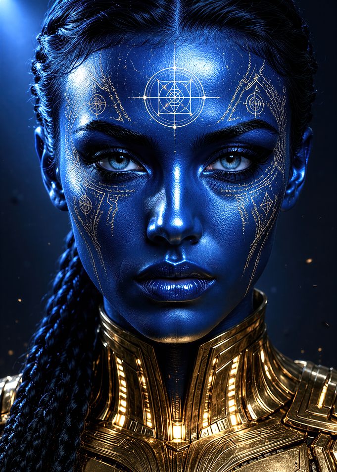 Blue Goddess with Golden Geometric Markings