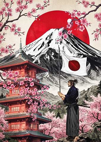 Samurai Japan Mt Fuji Cherry Art