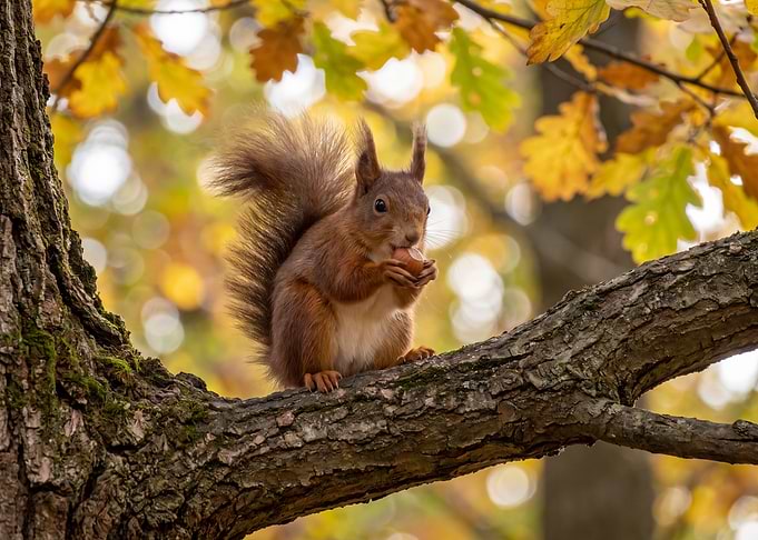 Red Squirrel Eating Nut in Autumn
