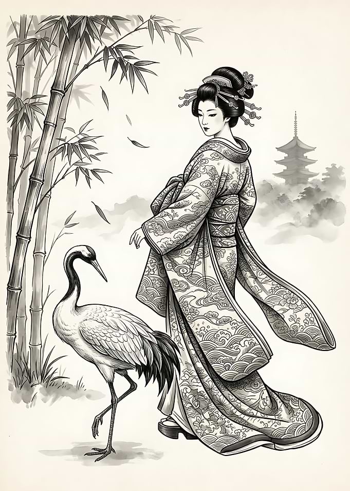 Geisha with Crane and Bamboo