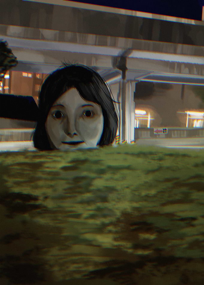 Eerie Woman Peering Over Hedge