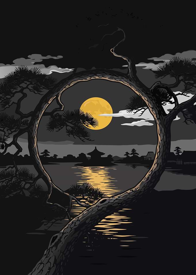 Moonlit Japanese Temple Through Pine Tree