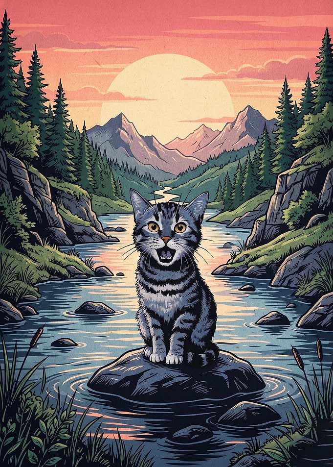 Cat Nature River Retro Art Poster