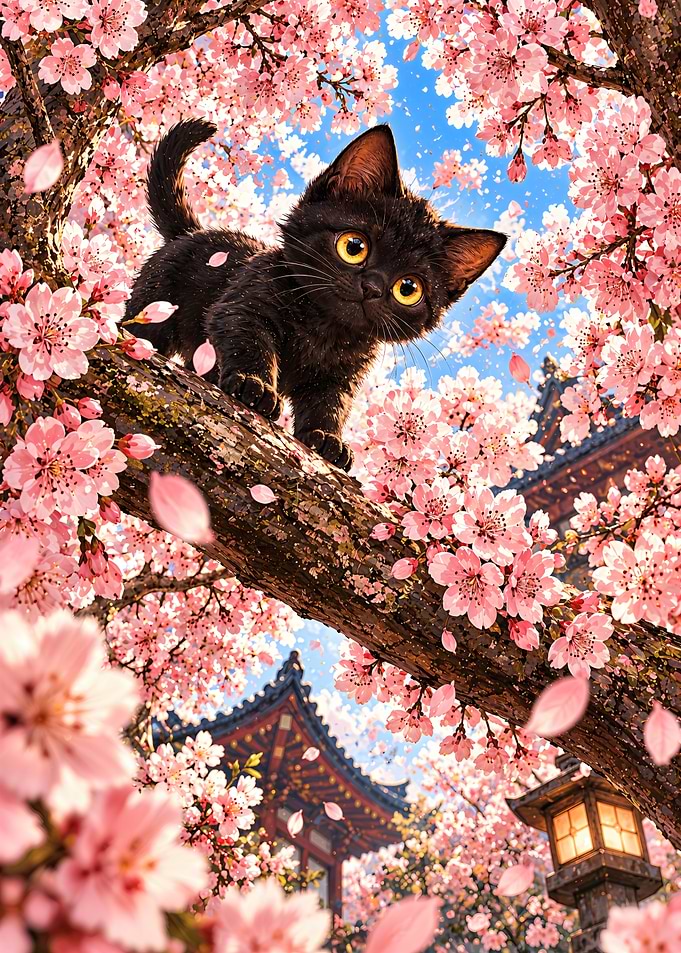 Black Kitten in Cherry Blossom Tree