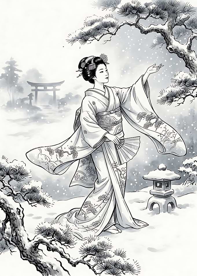 Geisha in Snowy Japanese Garden