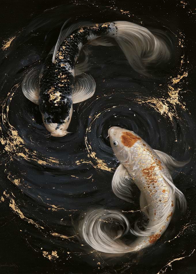 Black and White Koi Circling in Dark Water with Gold Splashes, Zen Painting
