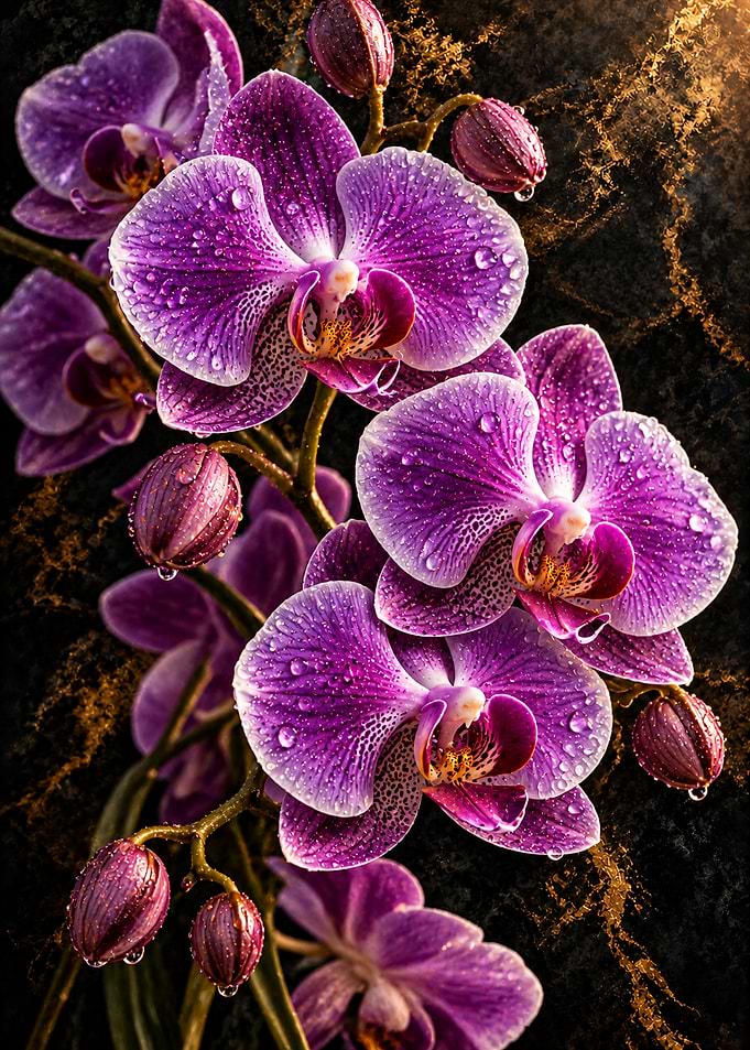 Vibrant Purple Orchids with Dew Drops