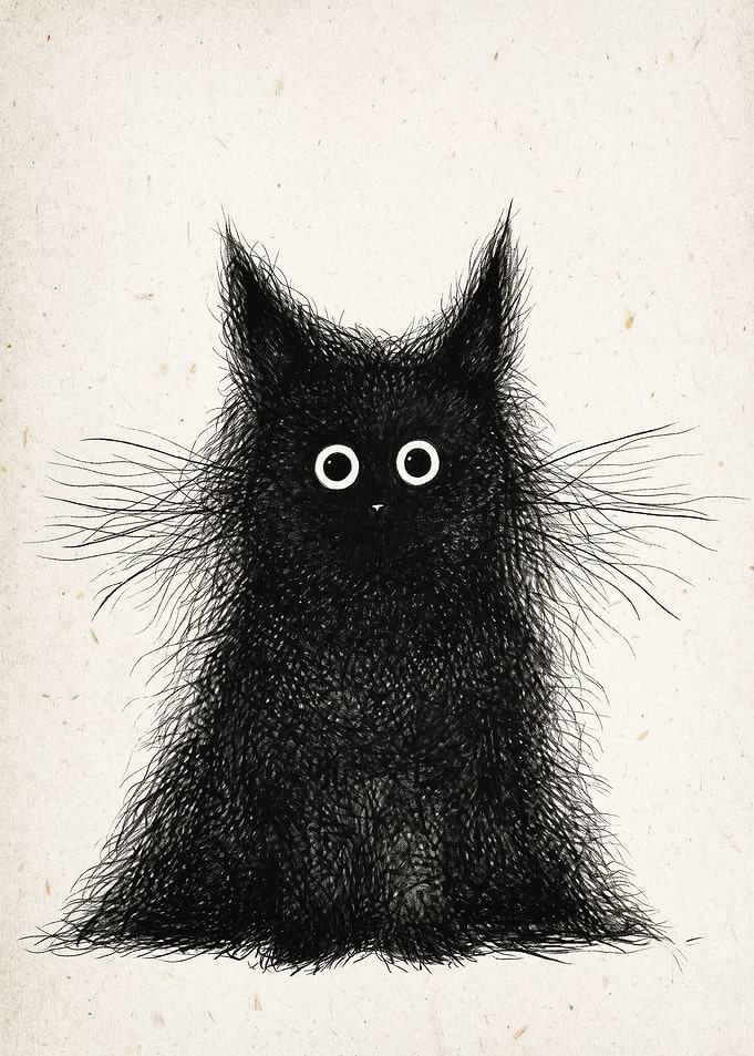 Black Cat Fluffy Cute Art Poster