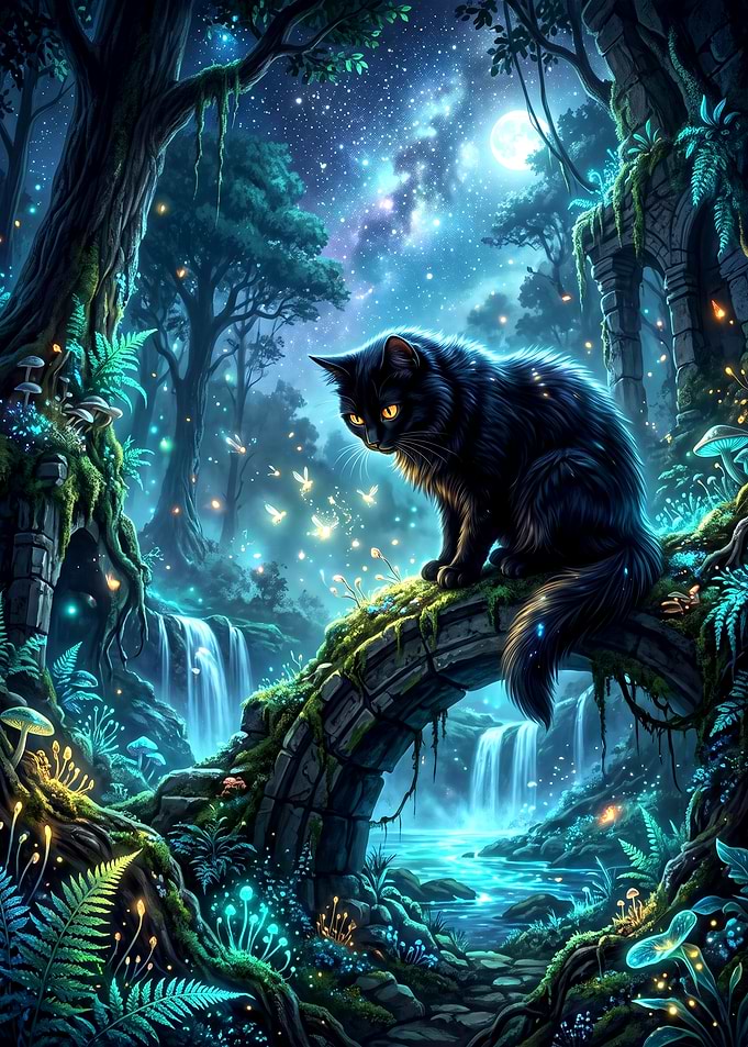 Black Cat in Enchanted Forest