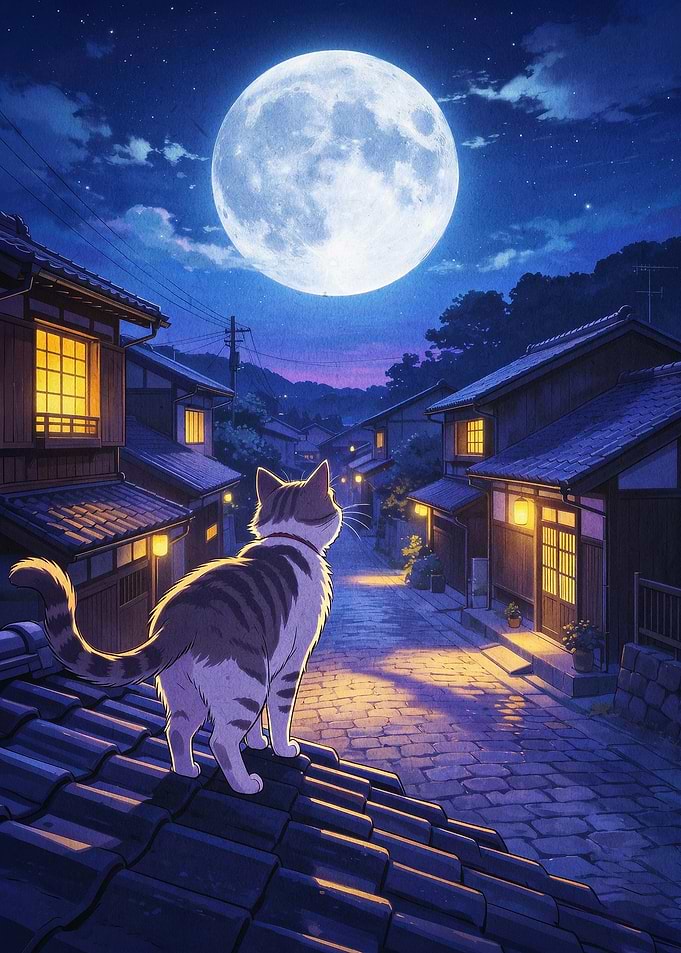 Cat Moon Japan Anime Art Poster