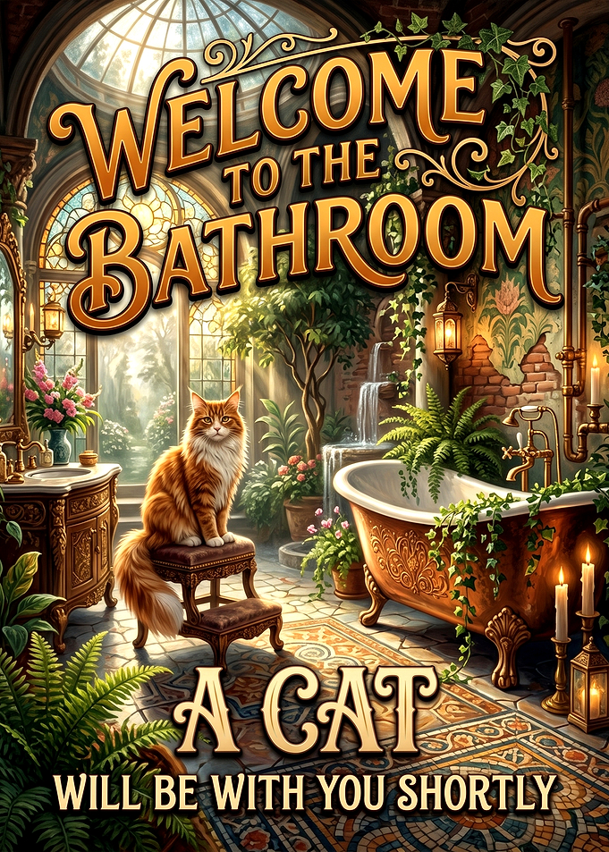 Whimsical Cat Bathroom Sign