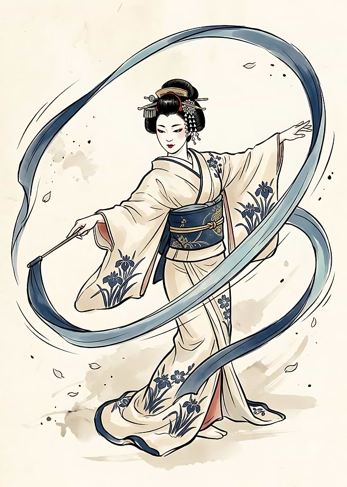 Elegant Geisha Dancing with Blue Ribbon