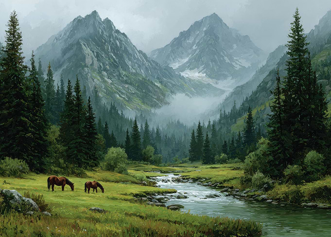 Horses Grazing in Mountain Valley