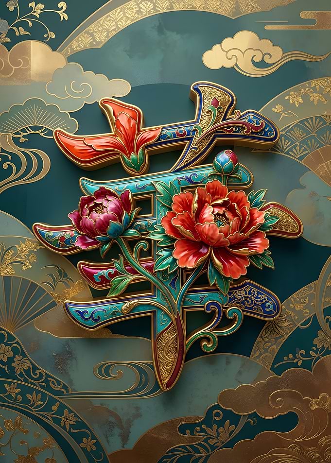 Japanese Kanji Hana Floral Art in Gold