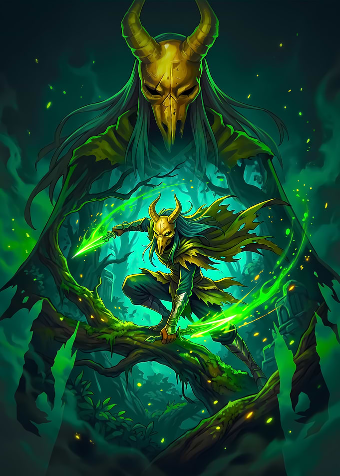 Horned Forest Warrior with Glowing Blades