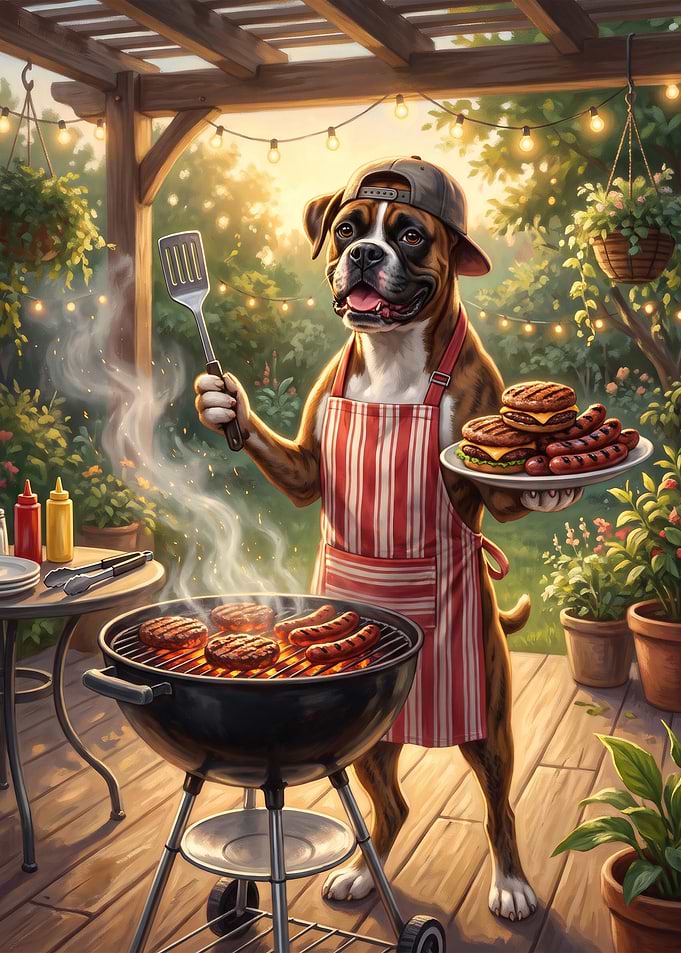 Boxer Dog Grilling Burgers Outdoors