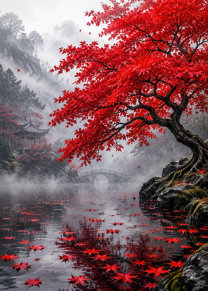 Misty Japanese Garden with Red Maple