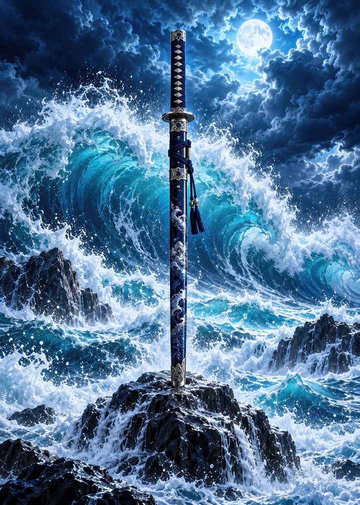 Katana Sword in Stormy Ocean