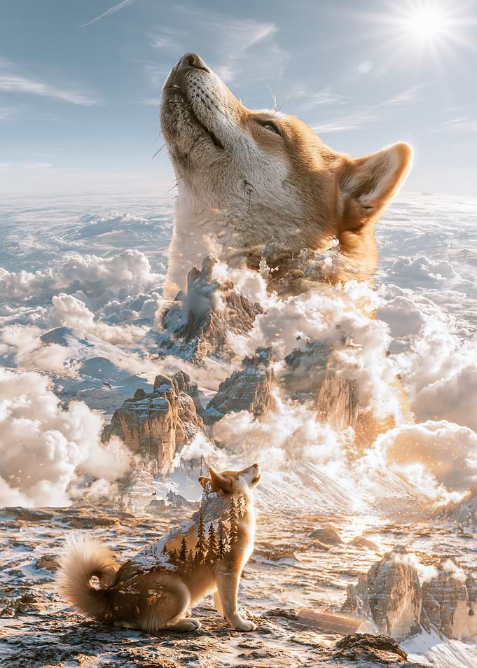 Double Exposure Shiba Inu Mountain Landscape