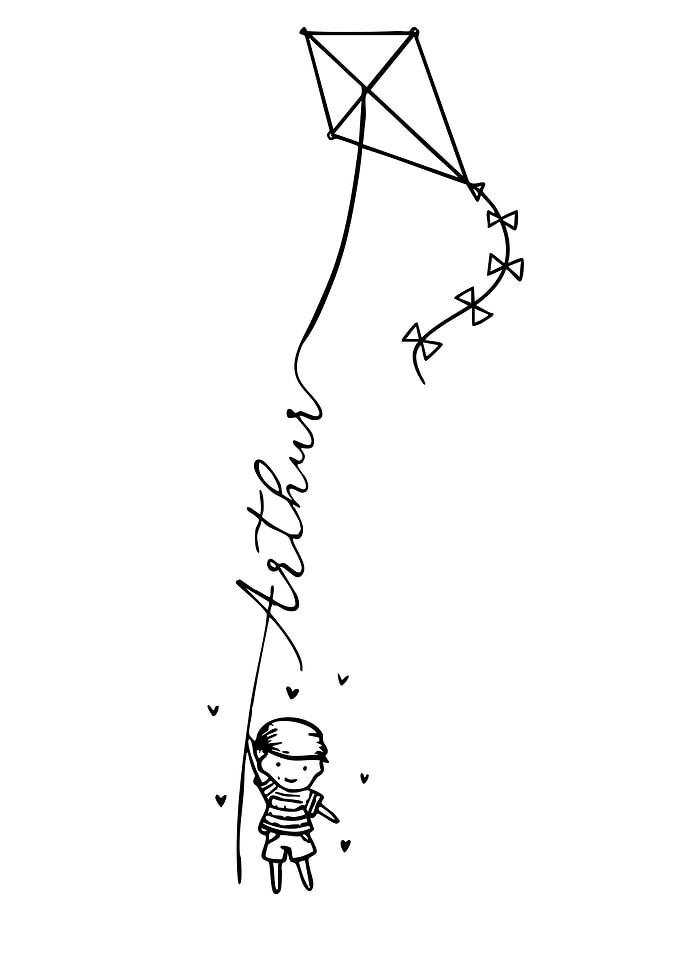 Cute Boy Flying Kite Line Art