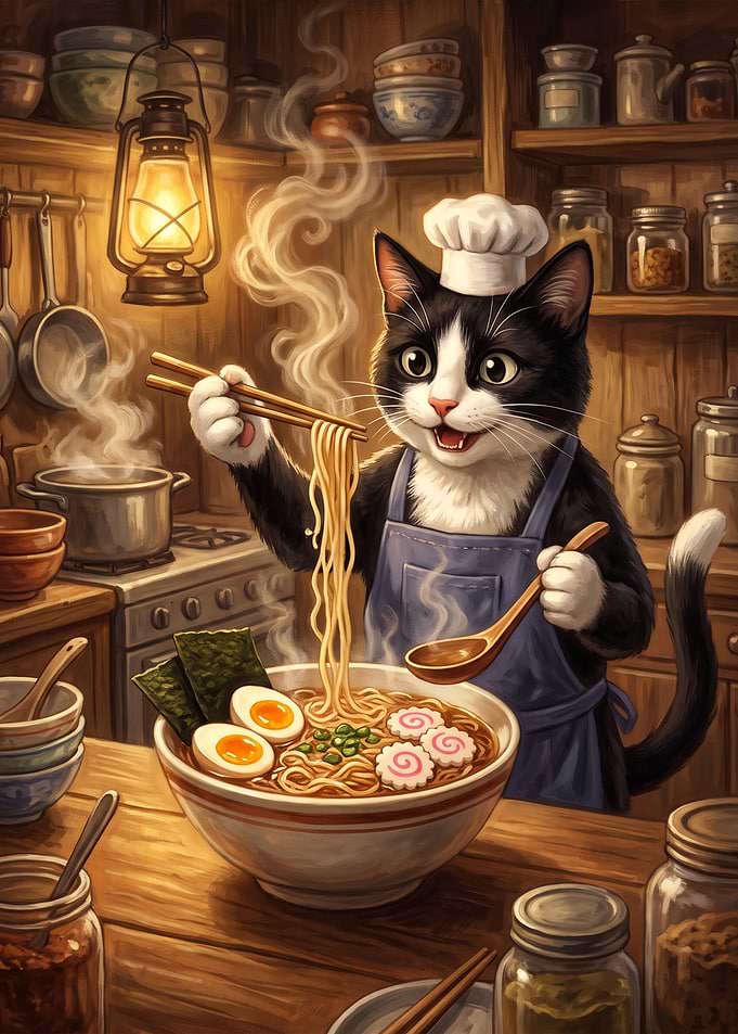 Cute Cat Chef Cooking Ramen