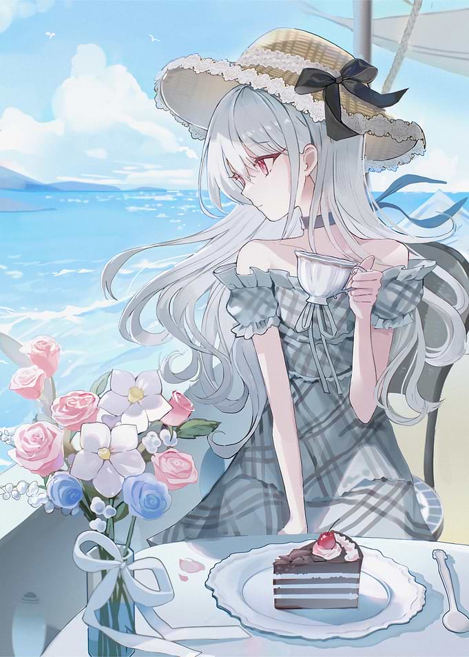 Anime Girl Enjoying Tea by Sea