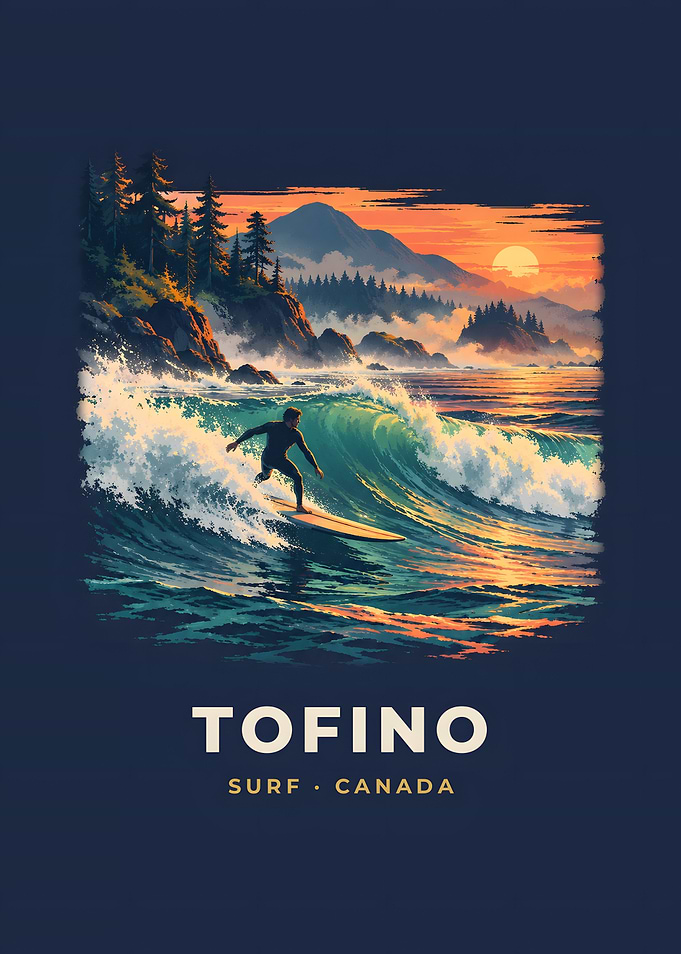 Tofino Vintage Surf Poster Rainforest Sunset