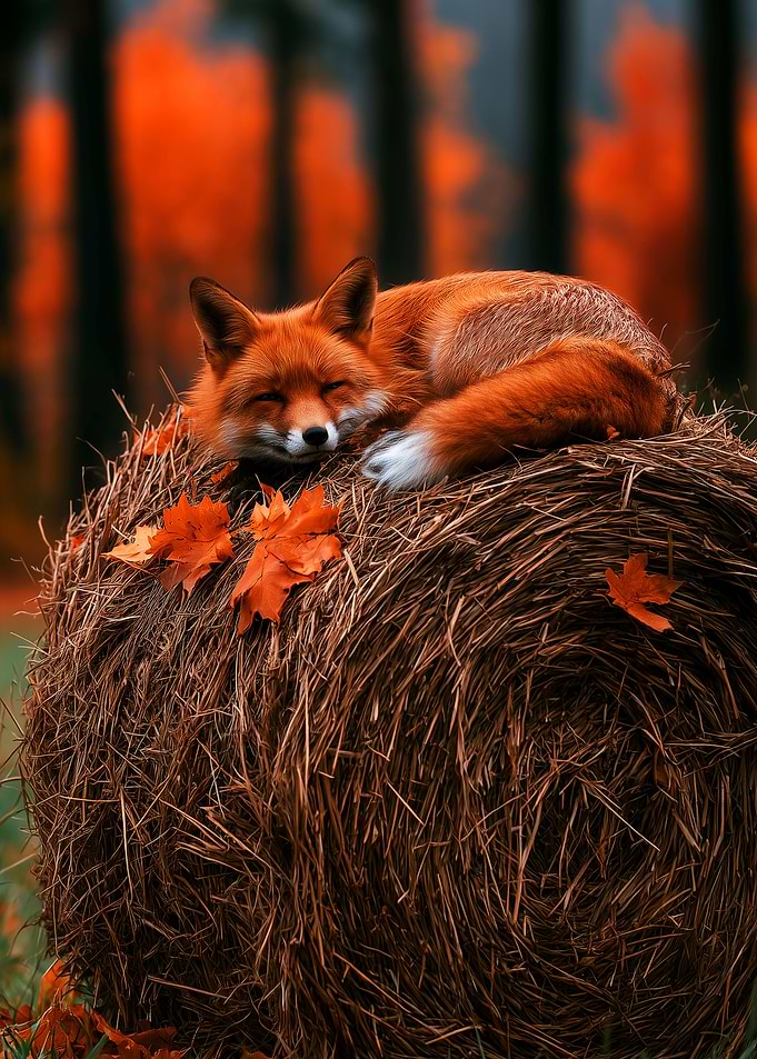 Sleeping Red Fox on Hay Bale