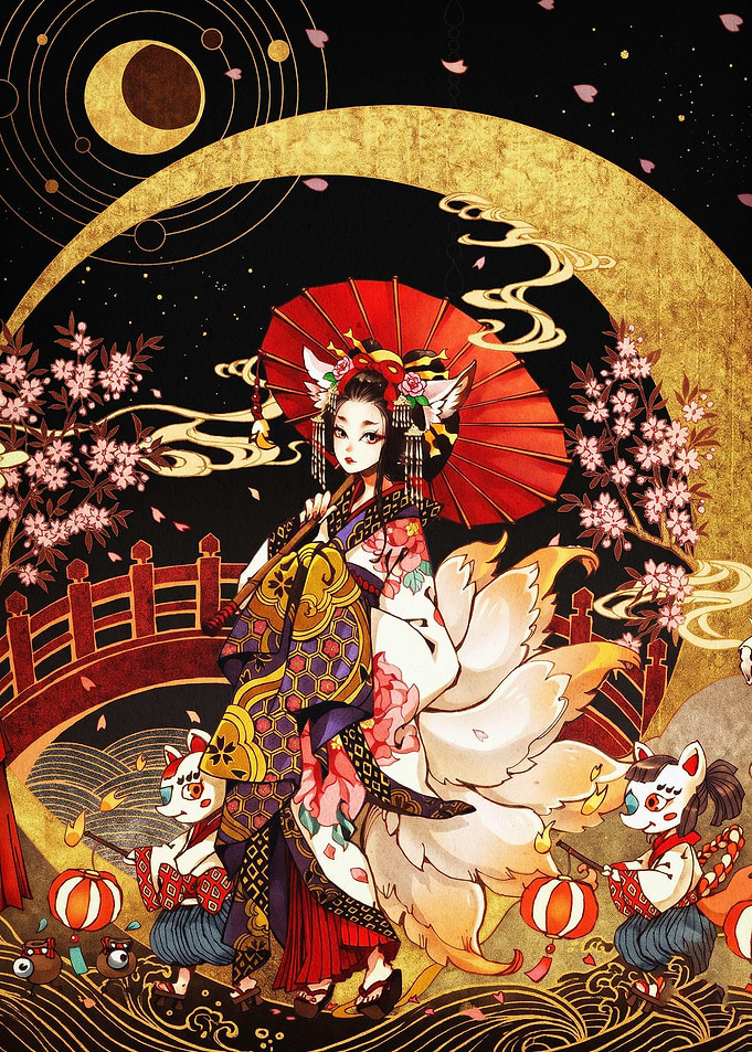 Kitsune Geisha Moon Japan Art