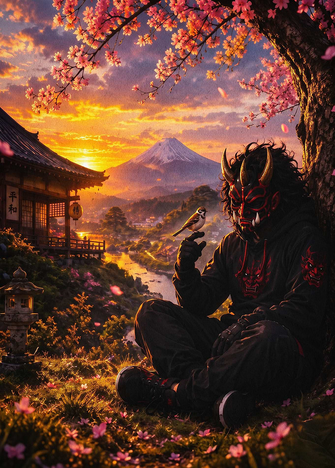 Samurai Oni Mask Japan Sunset Art