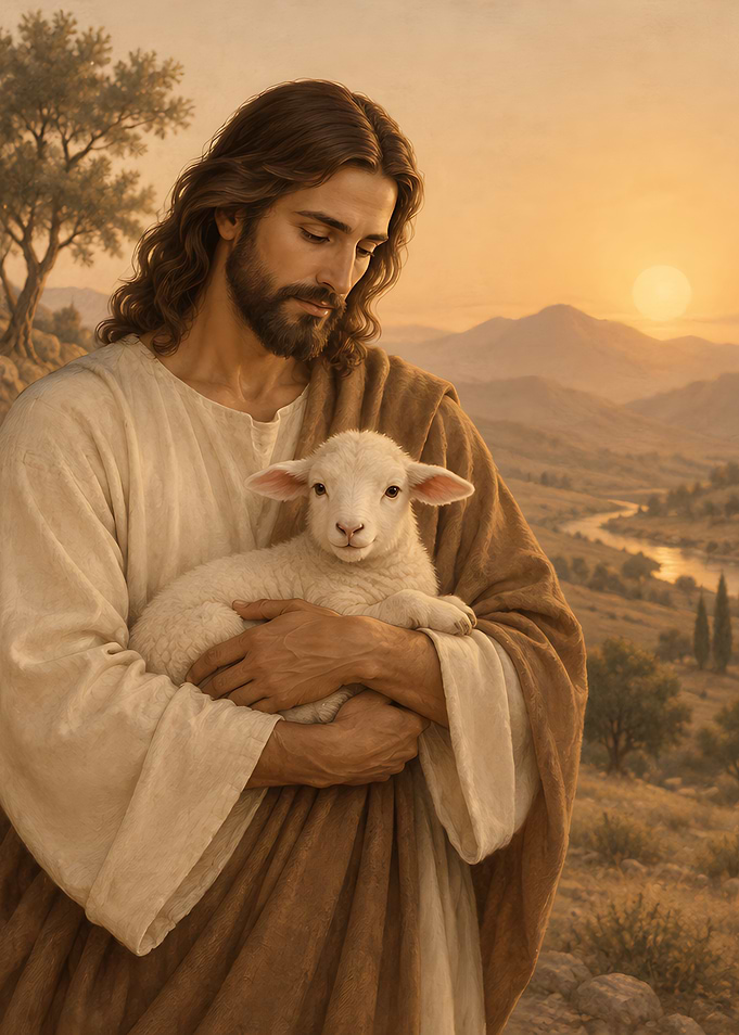 Jesus Holding a Lamb at Sunset